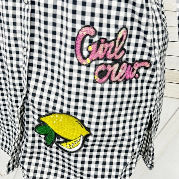 H&M Shirt Women Size 2 Black White Sequin Appliqué Gingham Check Button Front - Picture 5 of 8